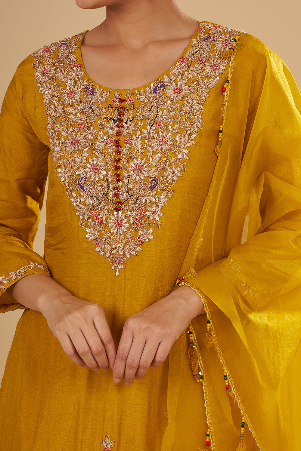 Mustard Yellow Pure Raw Silk Short Kurta Set with Resham, Gota Patti and Zardosi Hand Work