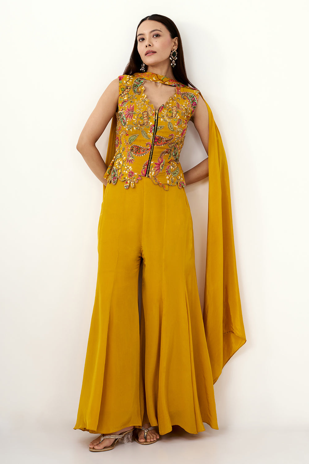 Mustard Yellow Satin Crepe Palazzo Suit with Sequin and Zari Work