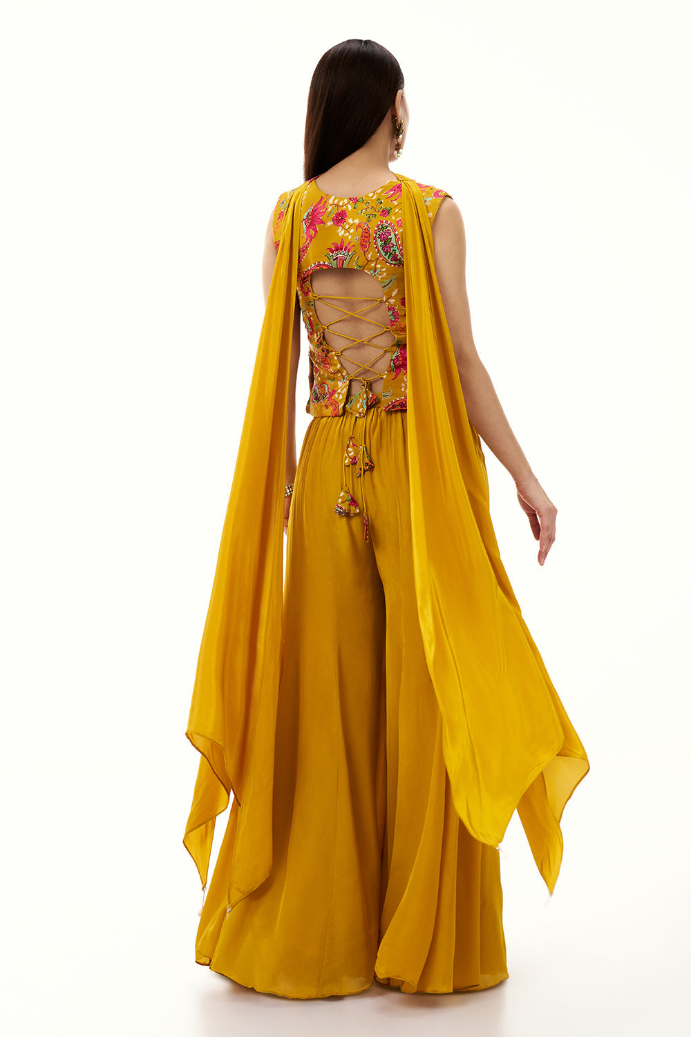 Mustard Yellow Satin Crepe Palazzo Suit with Sequin and Zari Work