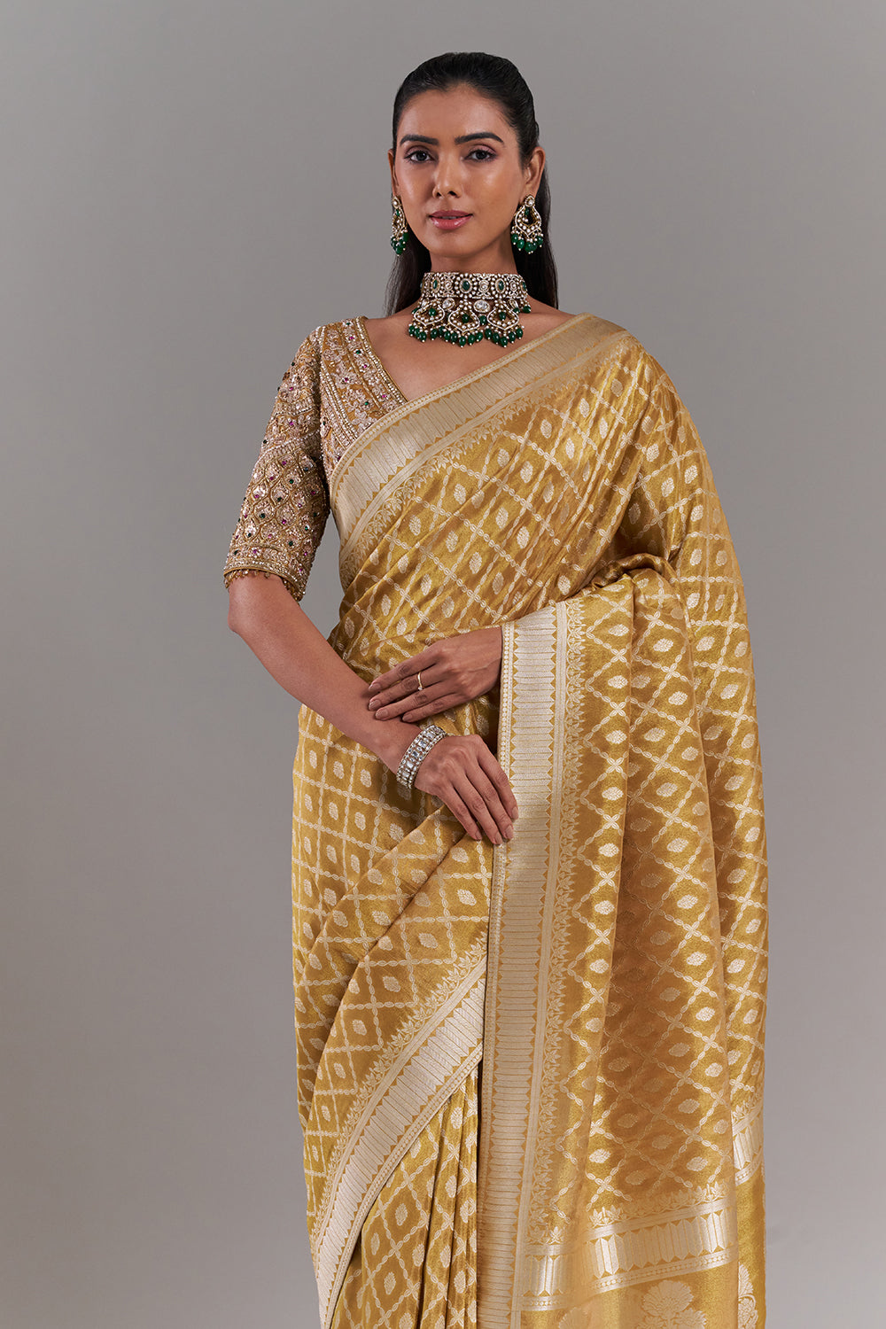Mustard Yellow Shimmer Tissue Saree with Stitched Blouse