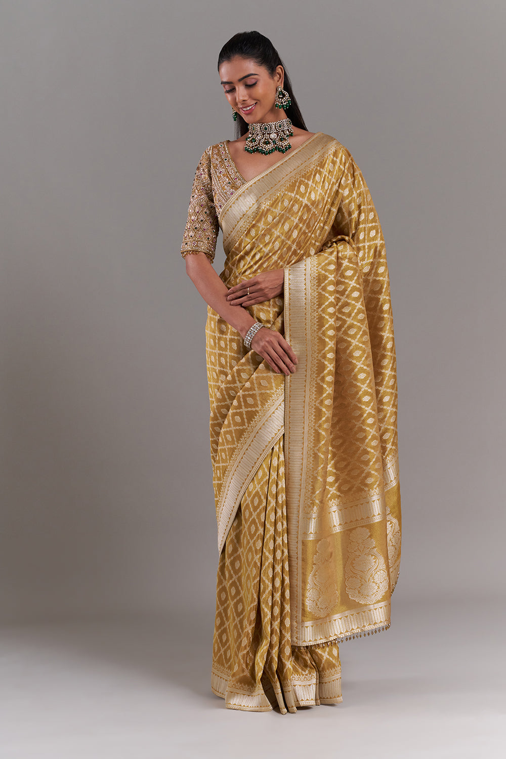 Mustard Yellow Shimmer Tissue Saree with Stitched Blouse