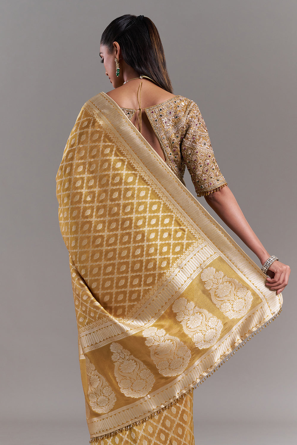 Mustard Yellow Shimmer Tissue Saree with Stitched Blouse