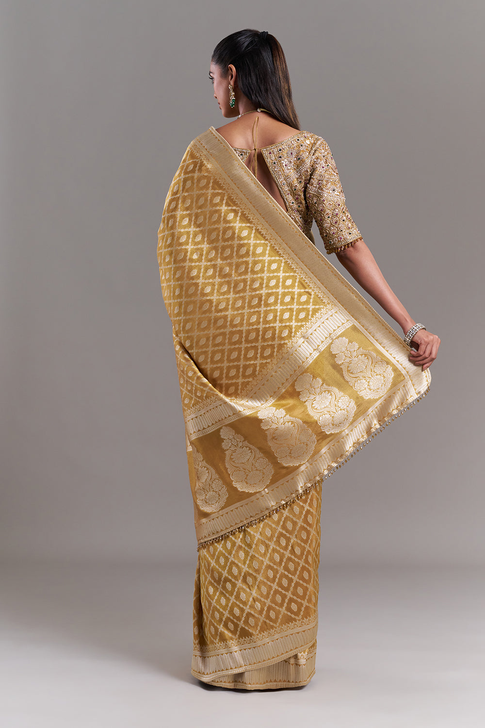 Mustard Yellow Shimmer Tissue Saree with Stitched Blouse