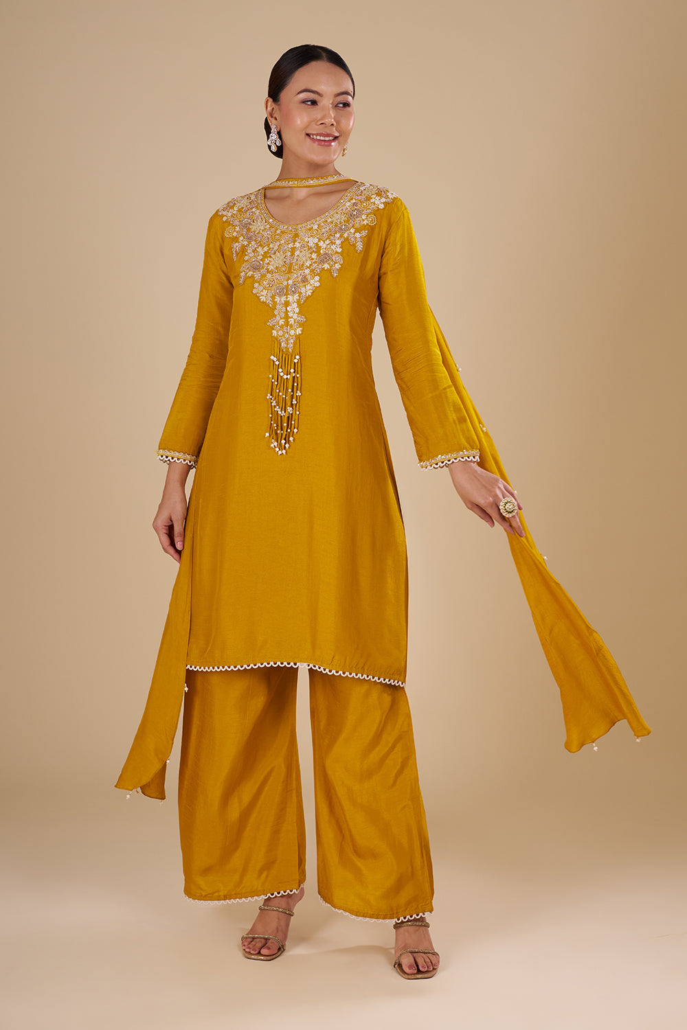 Mustard Yellow Silk Blend Kurta Set with Tassle Accents