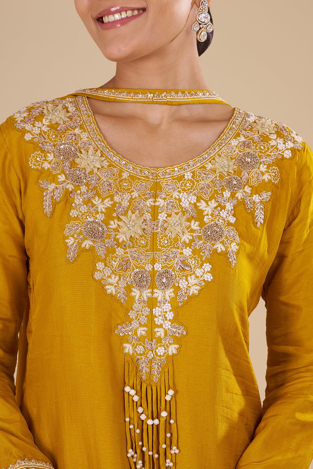 Mustard Yellow Silk Blend Kurta Set with Tassle Accents