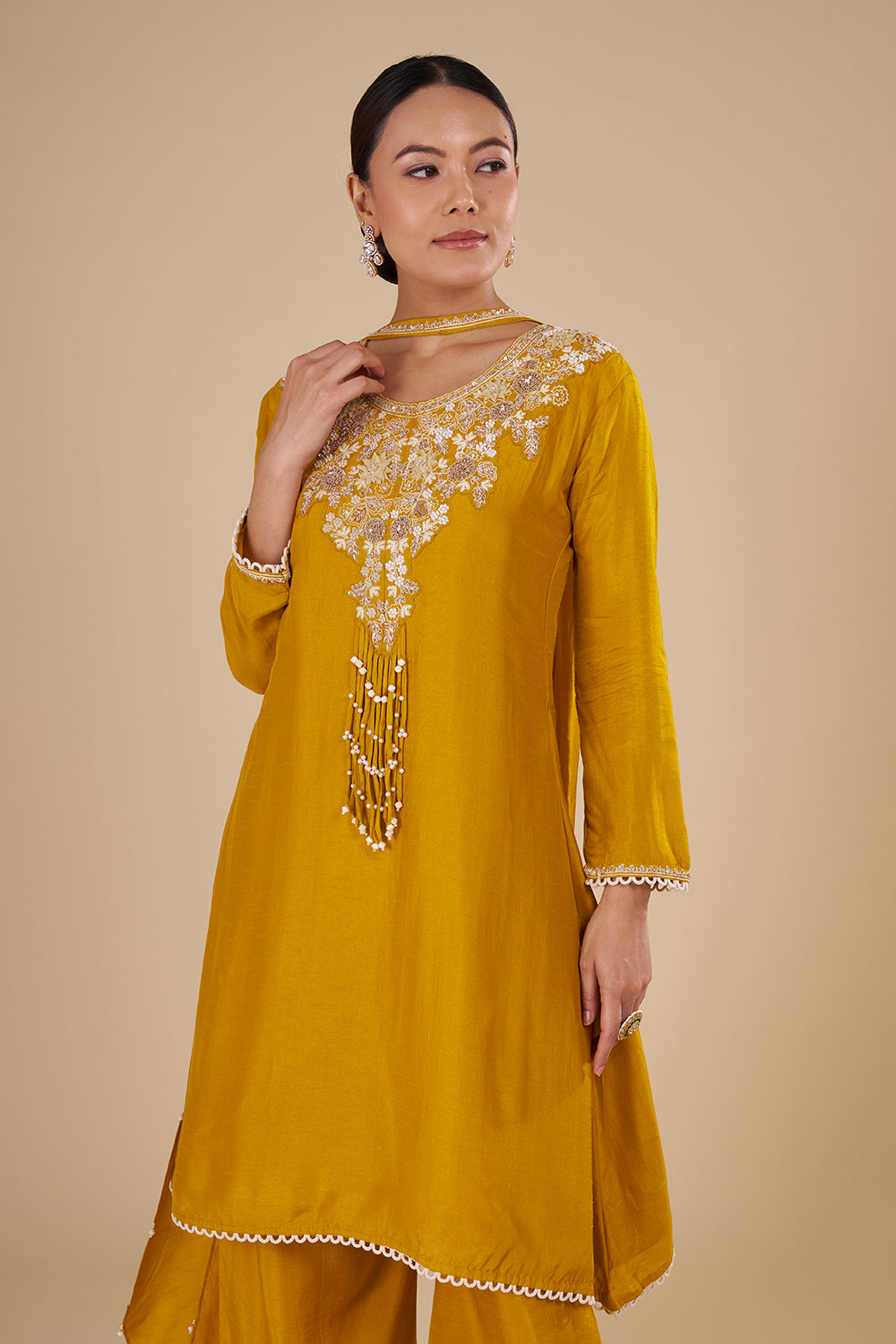 Mustard Yellow Silk Blend Kurta Set with Tassle Accents