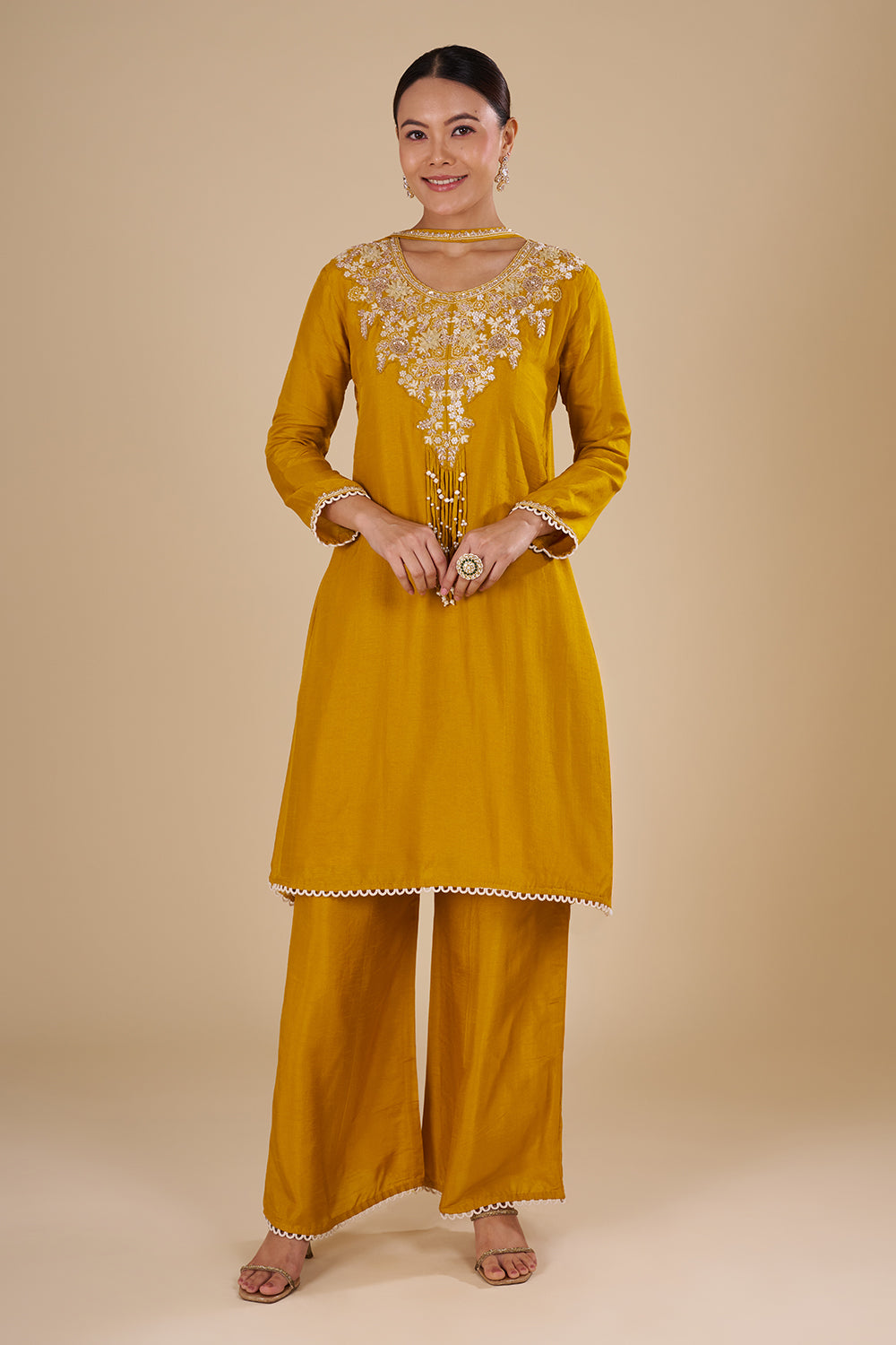 Mustard Yellow Silk Blend Kurta Set with Tassle Accents