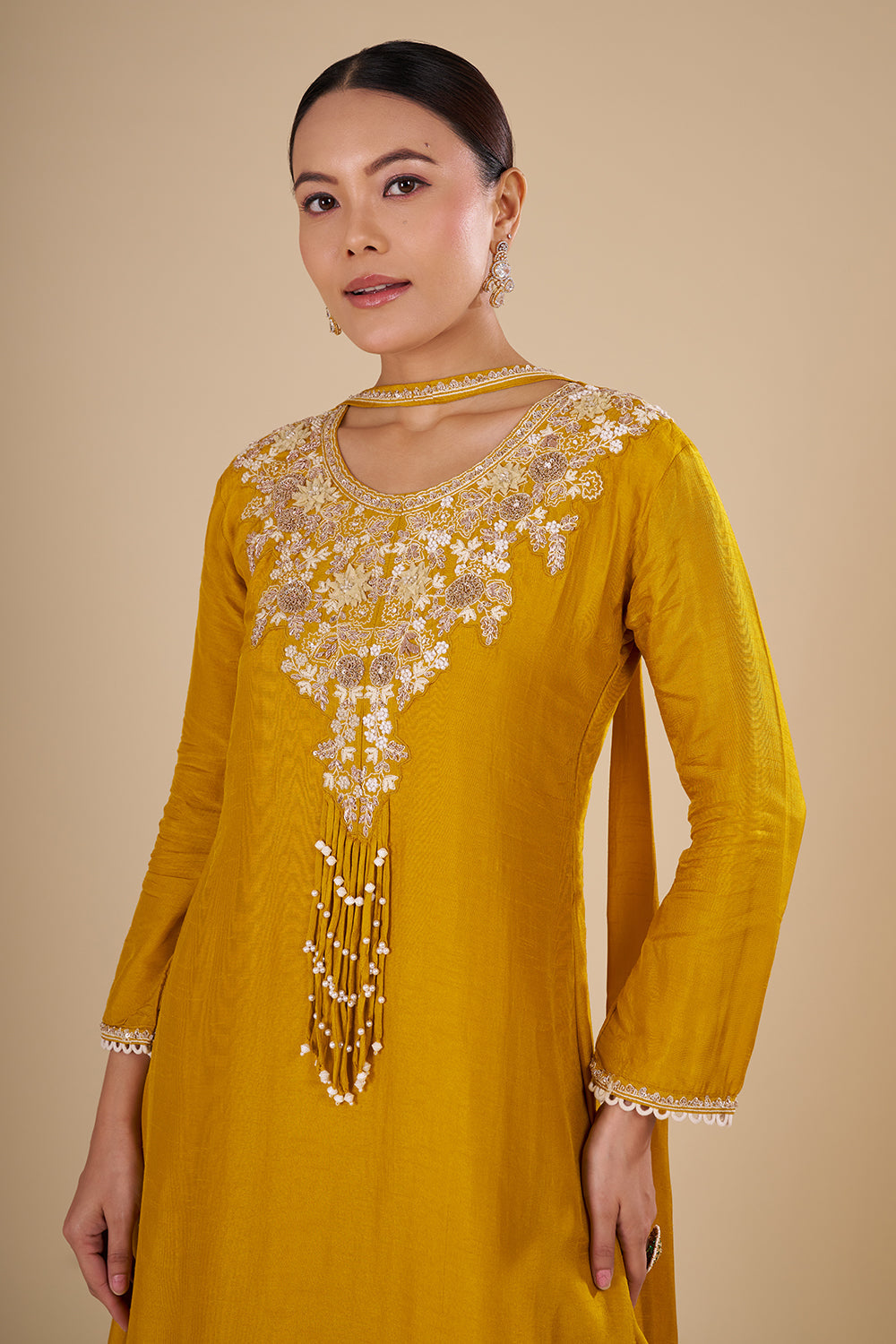 Mustard Yellow Silk Blend Kurta Set with Tassle Accents