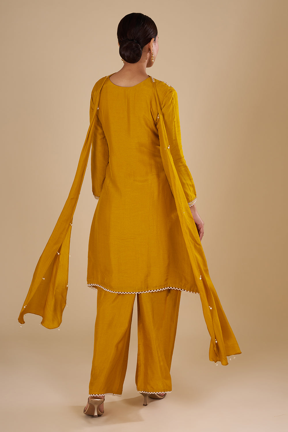 Mustard Yellow Silk Blend Kurta Set with Tassle Accents