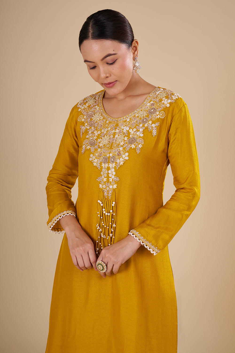 Mustard Yellow Silk Blend Kurta Set with Tassle Accents
