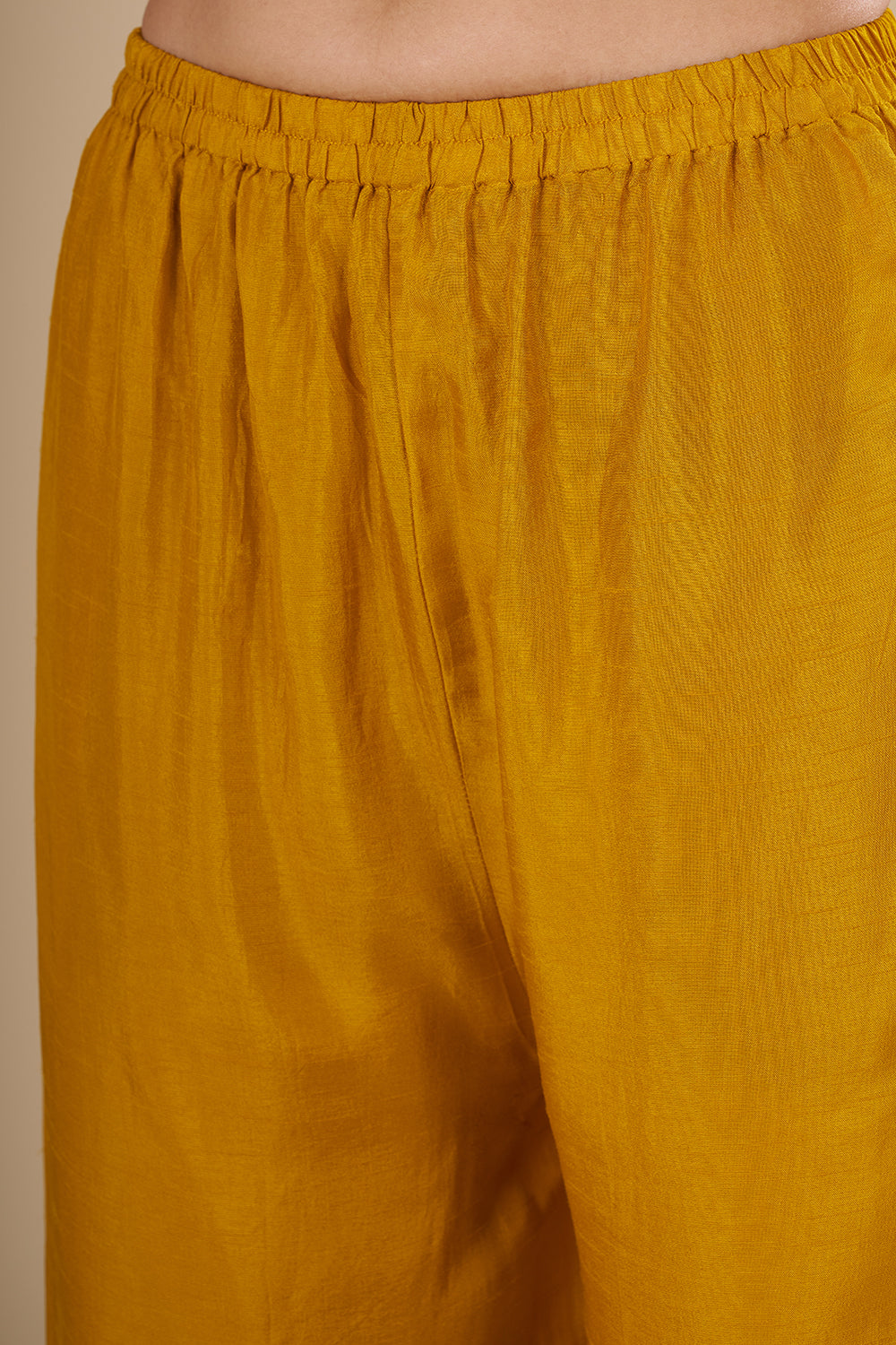 Mustard Yellow Silk Blend Kurta Set with Tassle Accents