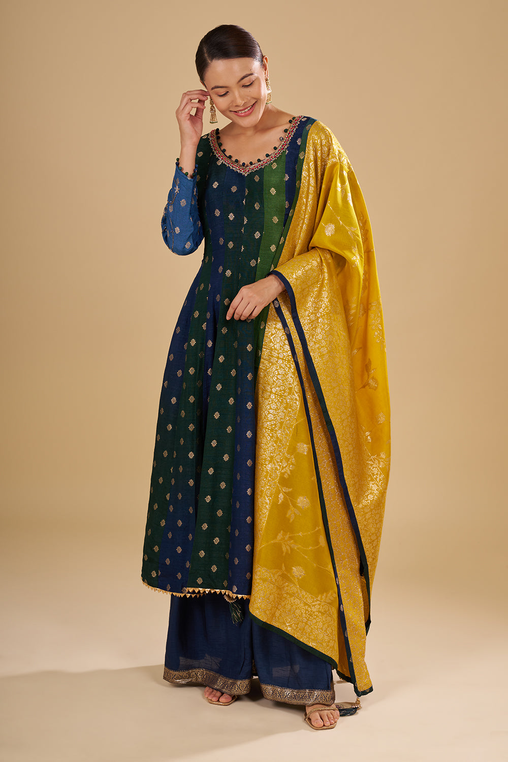 Navy And Green Panelled Kurta Set with Zari Brocade Dupatta and Floral Buta Motifs