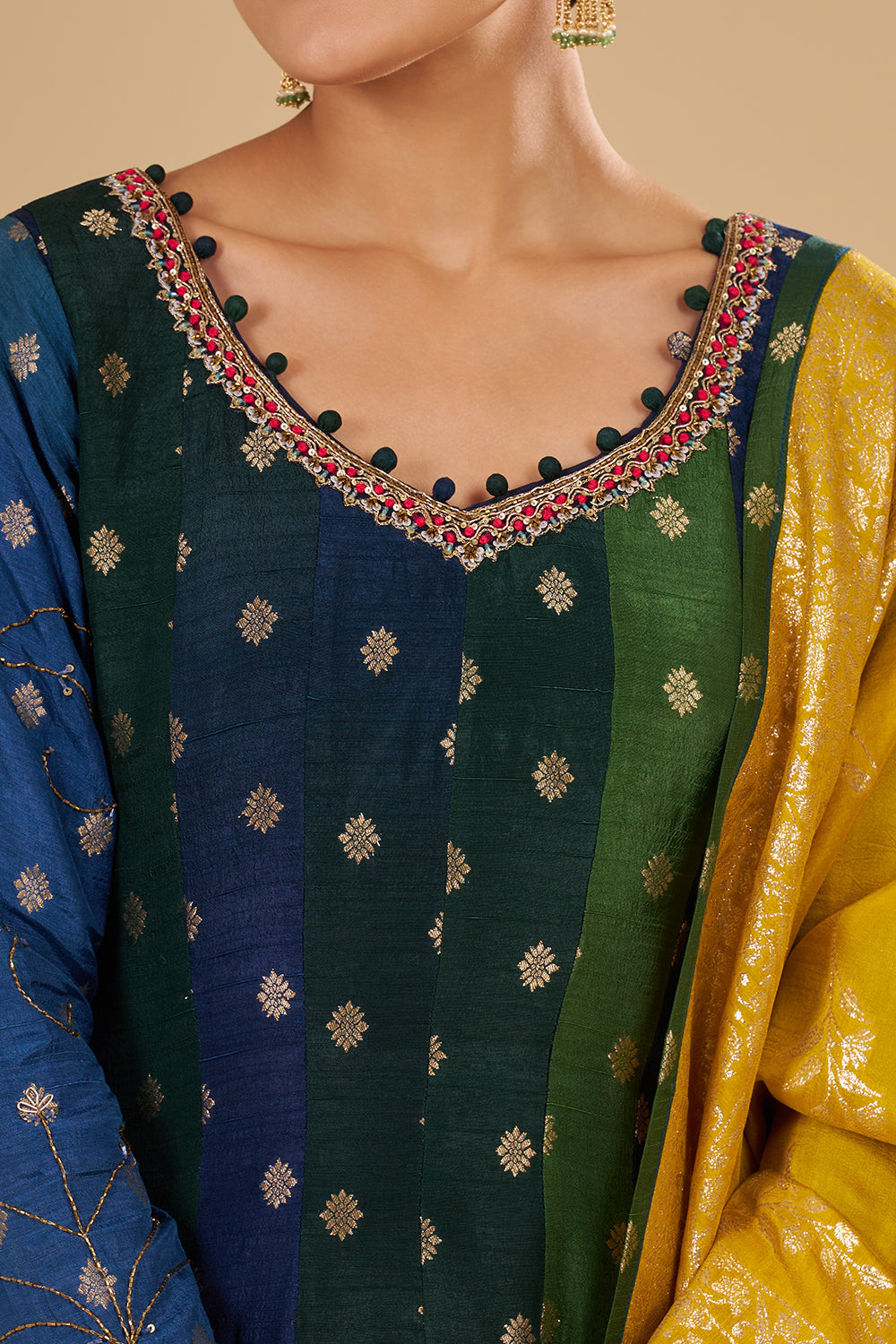 Navy And Green Panelled Kurta Set with Zari Brocade Dupatta and Floral Buta Motifs