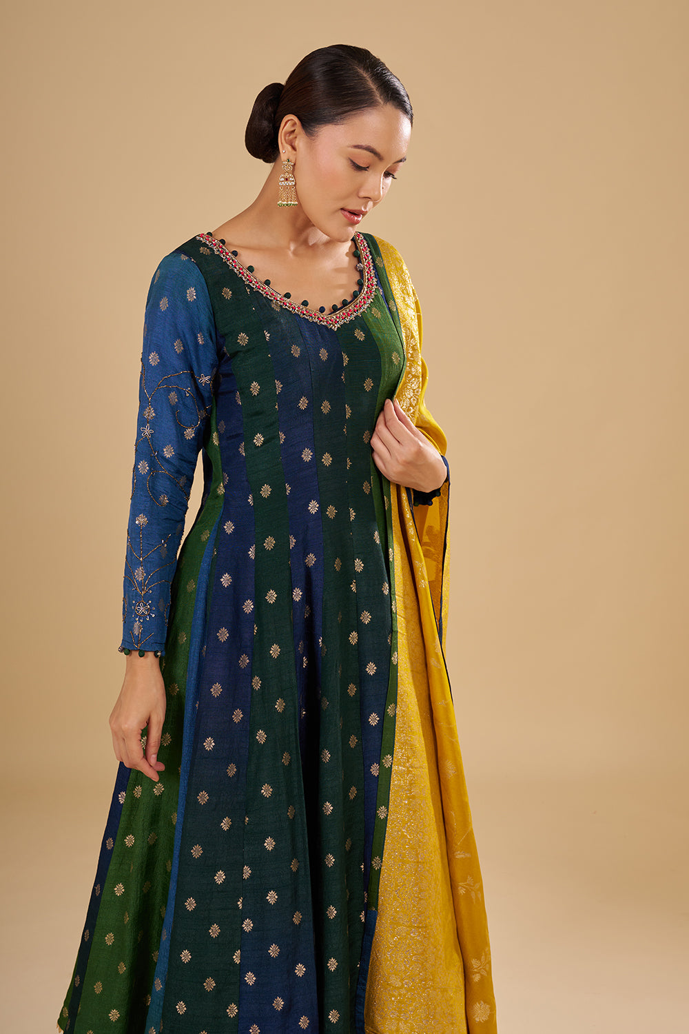 Navy And Green Panelled Kurta Set with Zari Brocade Dupatta and Floral Buta Motifs