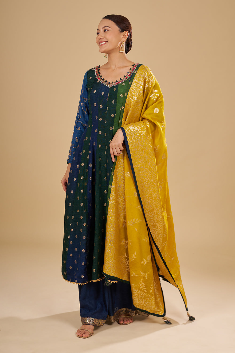 Navy And Green Panelled Kurta Set with Zari Brocade Dupatta and Floral Buta Motifs