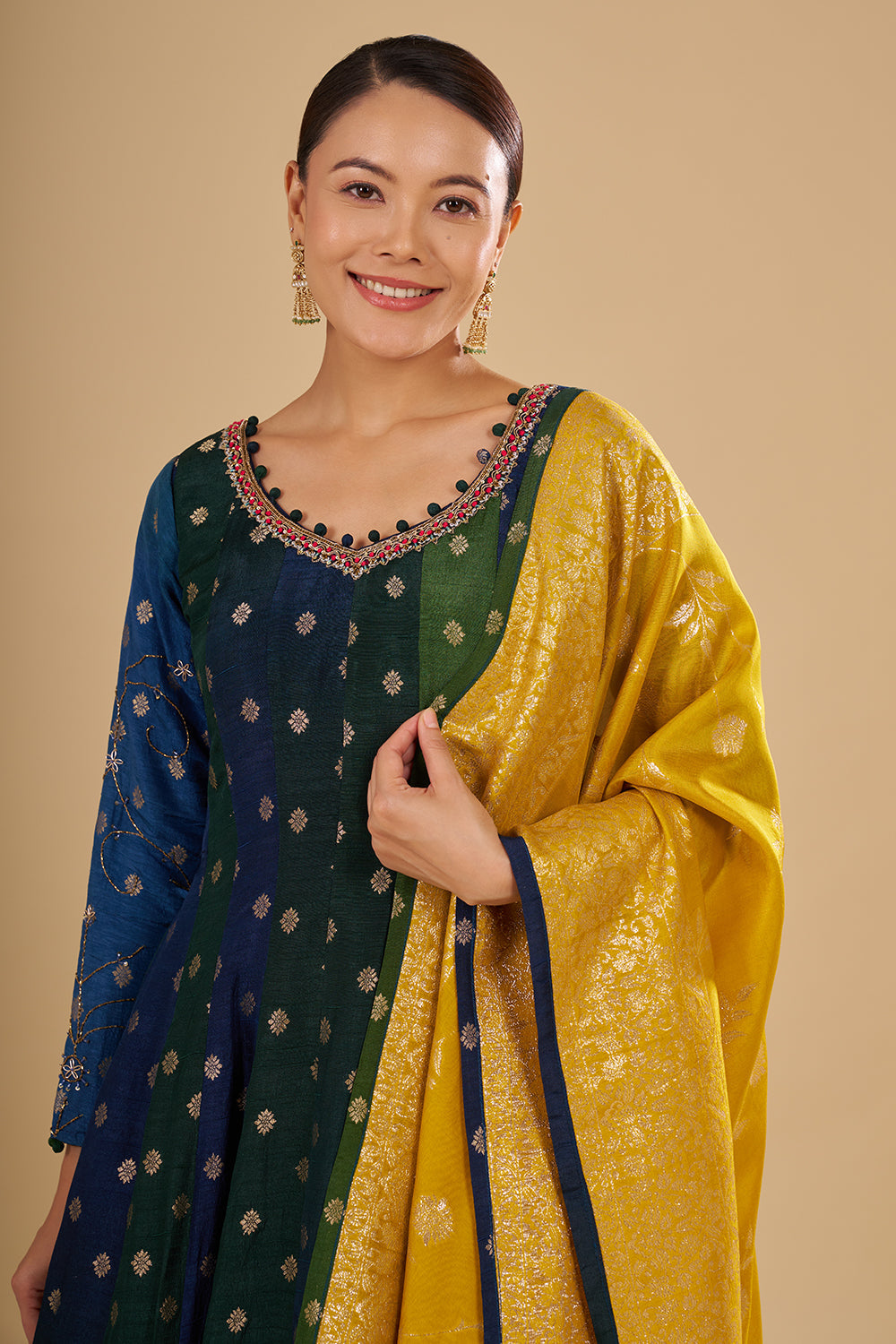 Navy And Green Panelled Kurta Set with Zari Brocade Dupatta and Floral Buta Motifs