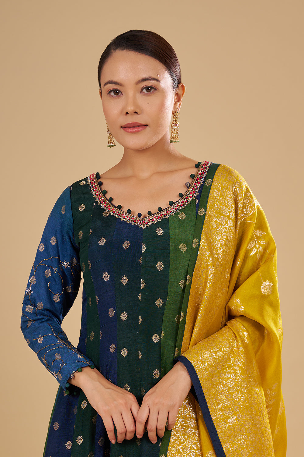 Navy And Green Panelled Kurta Set with Zari Brocade Dupatta and Floral Buta Motifs