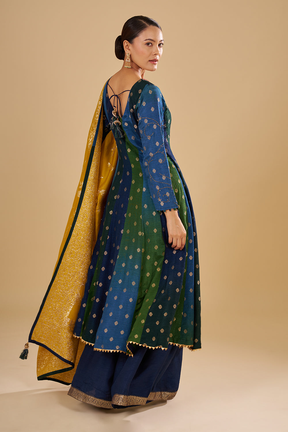 Navy And Green Panelled Kurta Set with Zari Brocade Dupatta and Floral Buta Motifs