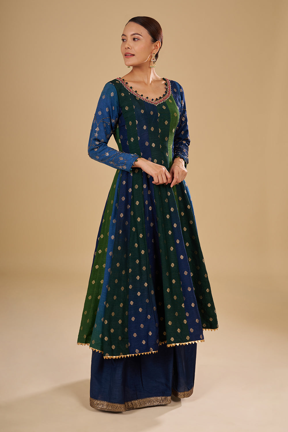 Navy And Green Panelled Kurta Set with Zari Brocade Dupatta and Floral Buta Motifs