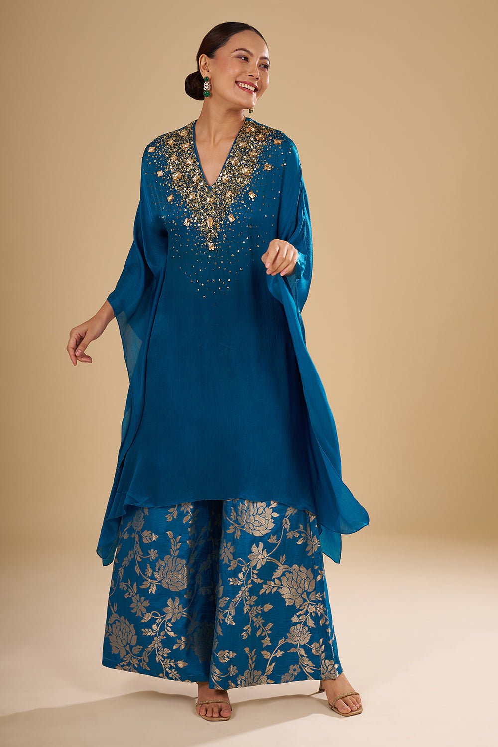 Navy Blue Bamber Satin Tie-Dye Cape Set with Resham Embroidery and Brocade Palazzo Pants