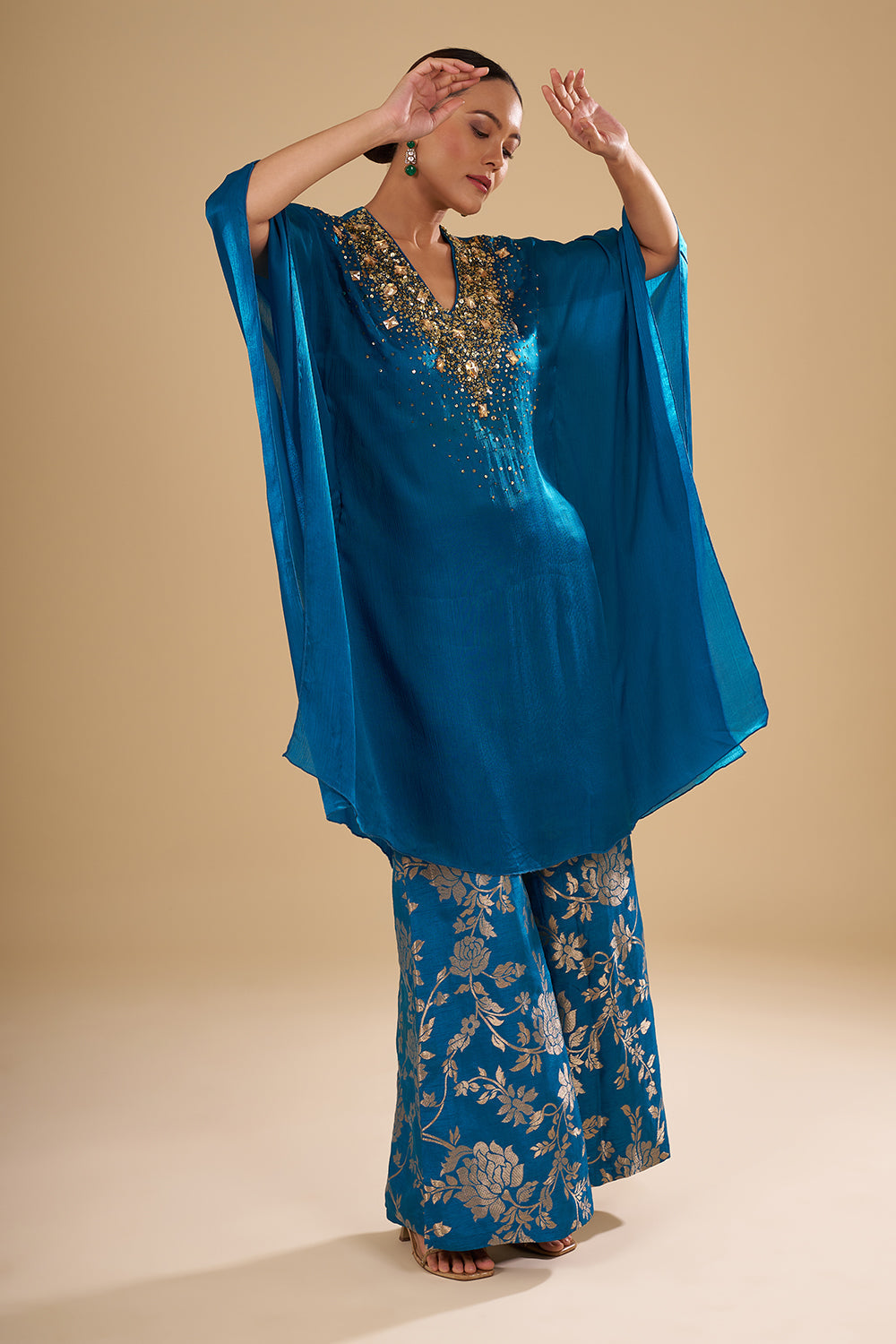 Navy Blue Bamber Satin Tie-Dye Cape Set with Resham Embroidery and Brocade Palazzo Pants