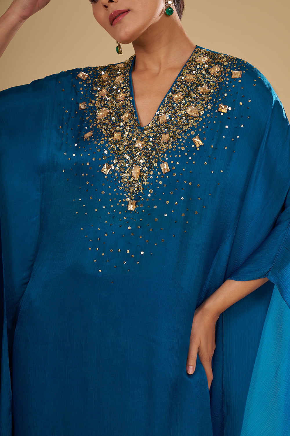 Navy Blue Bamber Satin Tie-Dye Cape Set with Resham Embroidery and Brocade Palazzo Pants