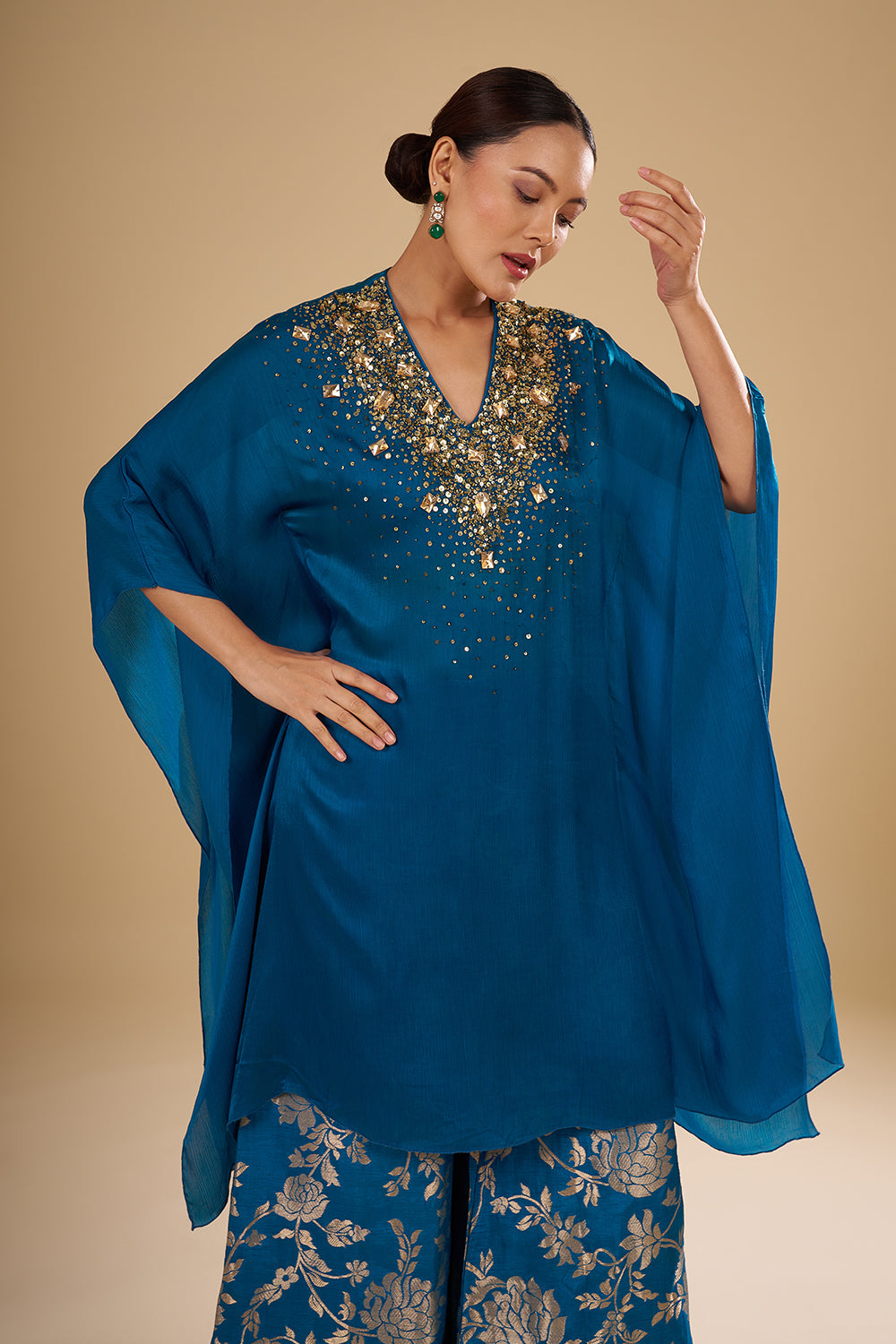 Navy Blue Bamber Satin Tie-Dye Cape Set with Resham Embroidery and Brocade Palazzo Pants