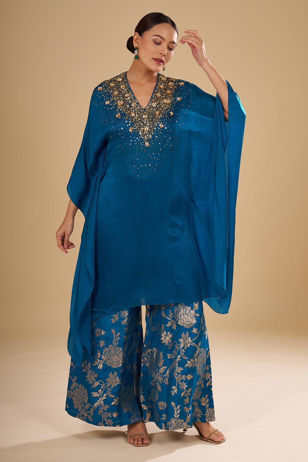 Navy Blue Bamber Satin Tie-Dye Cape Set with Resham Embroidery and Brocade Palazzo Pants