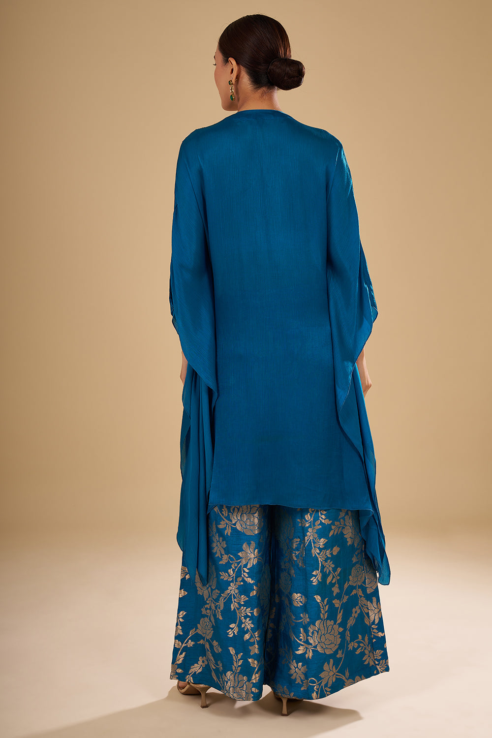 Navy Blue Bamber Satin Tie-Dye Cape Set with Resham Embroidery and Brocade Palazzo Pants