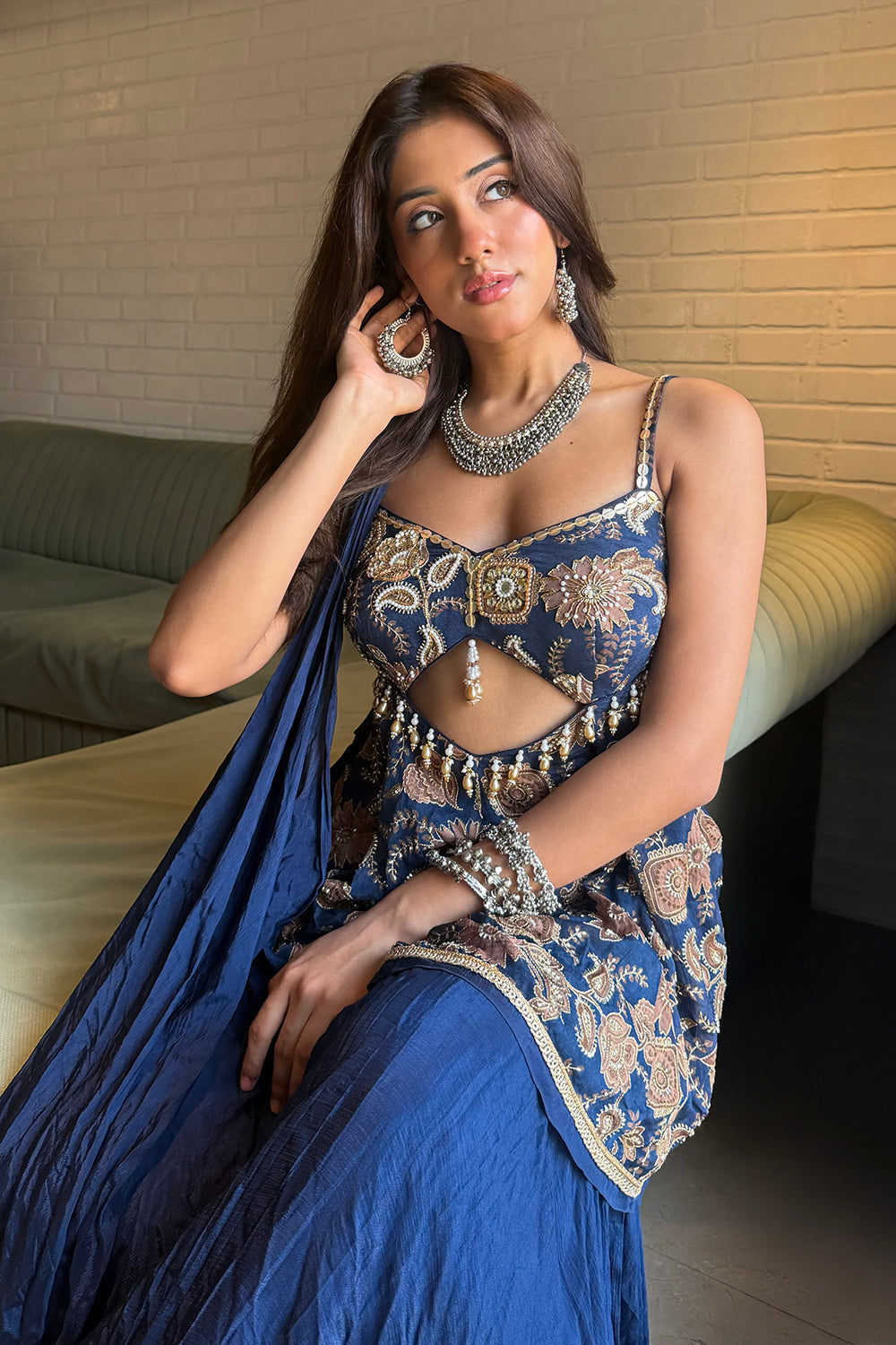 Navy Blue Chinon Crepe Palazzo Suit with Moti and Cut Dana Work