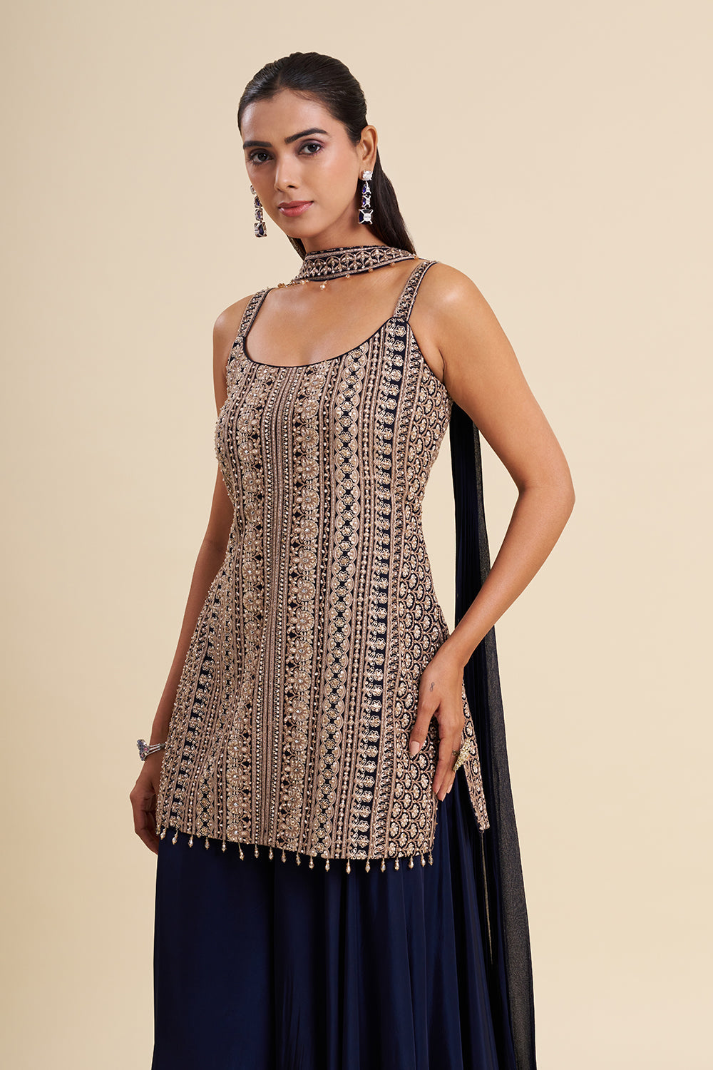 Navy Blue Crepe Kurta Set with Aari Embroidery