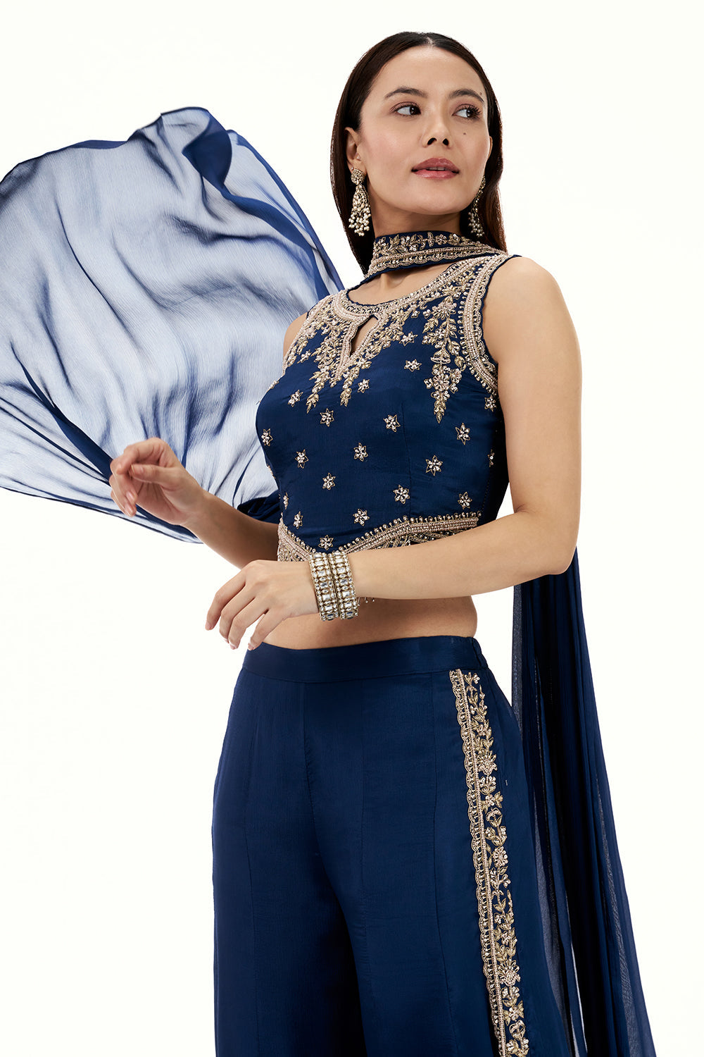 Navy Blue Crepe Palazzo Set with Embroidered Crop Top and Zardosi Work
