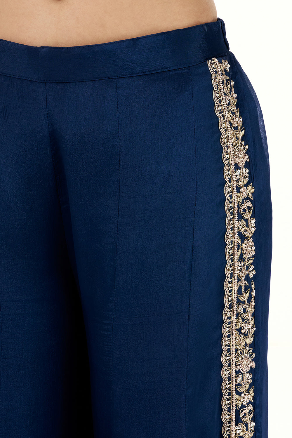 Navy Blue Crepe Palazzo Set with Embroidered Crop Top and Zardosi Work