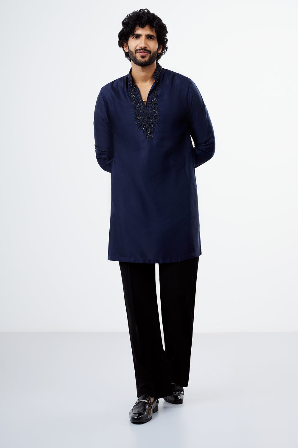 Navy Blue Embroidered Polyester Men's Kurta Set