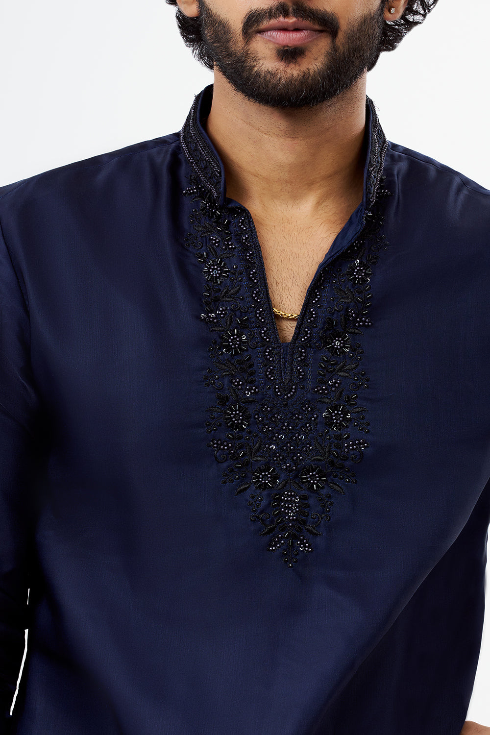 Navy Blue Embroidered Polyester Men's Kurta Set