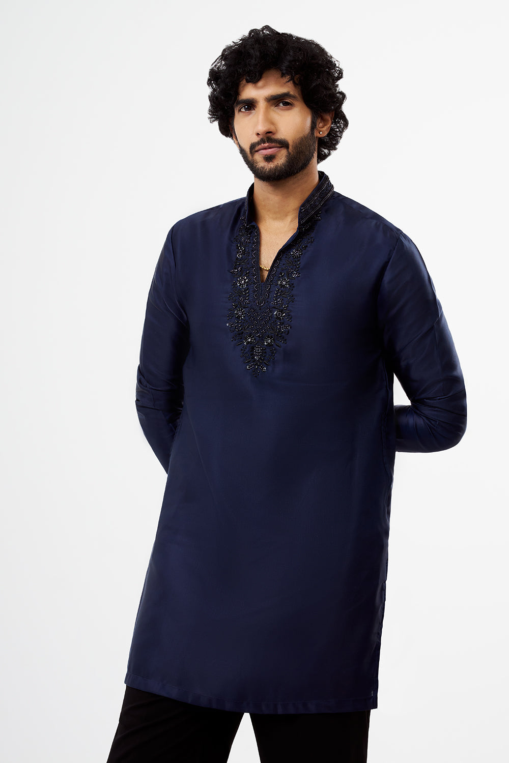 Navy Blue Embroidered Polyester Men's Kurta Set