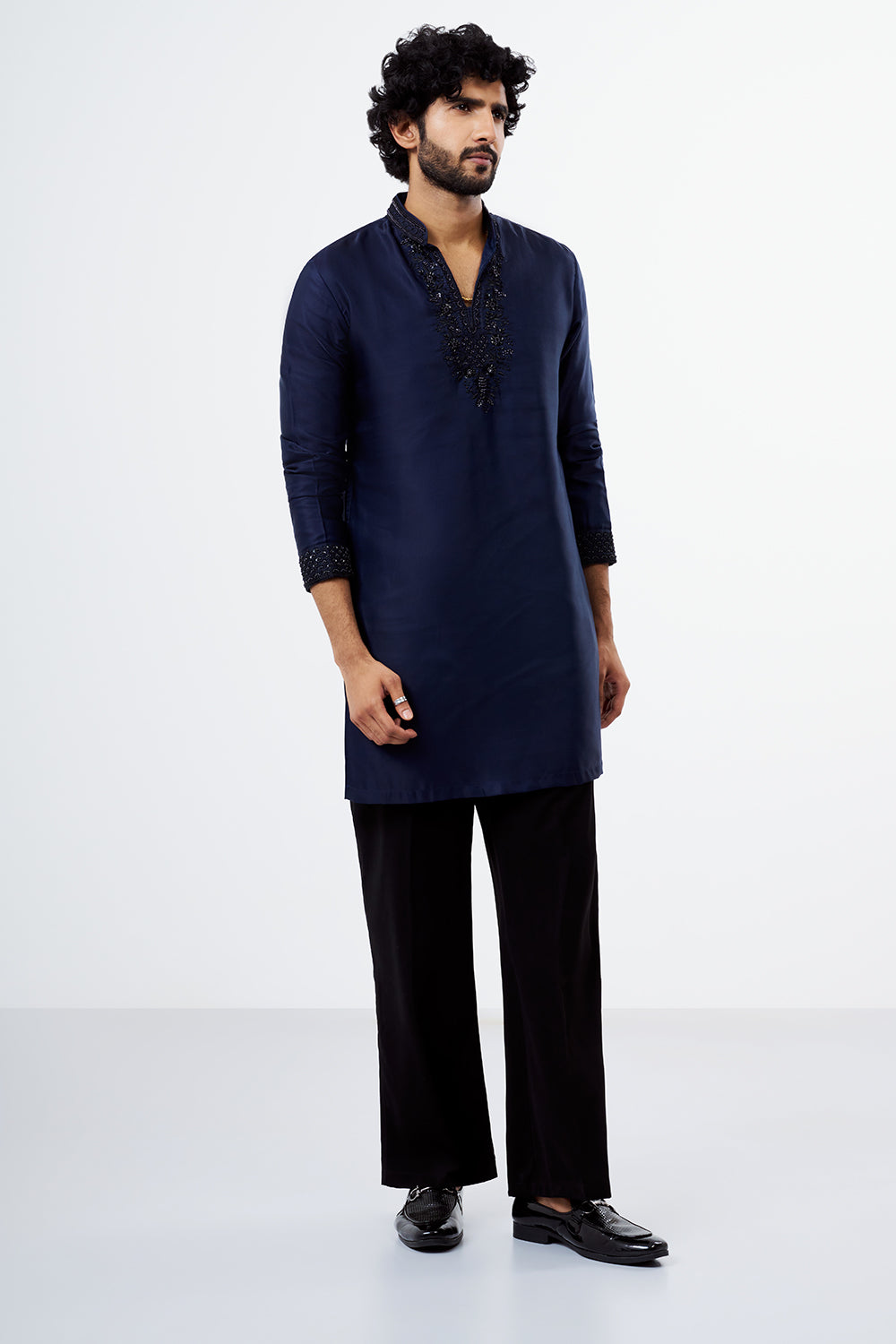 Navy Blue Embroidered Polyester Men's Kurta Set
