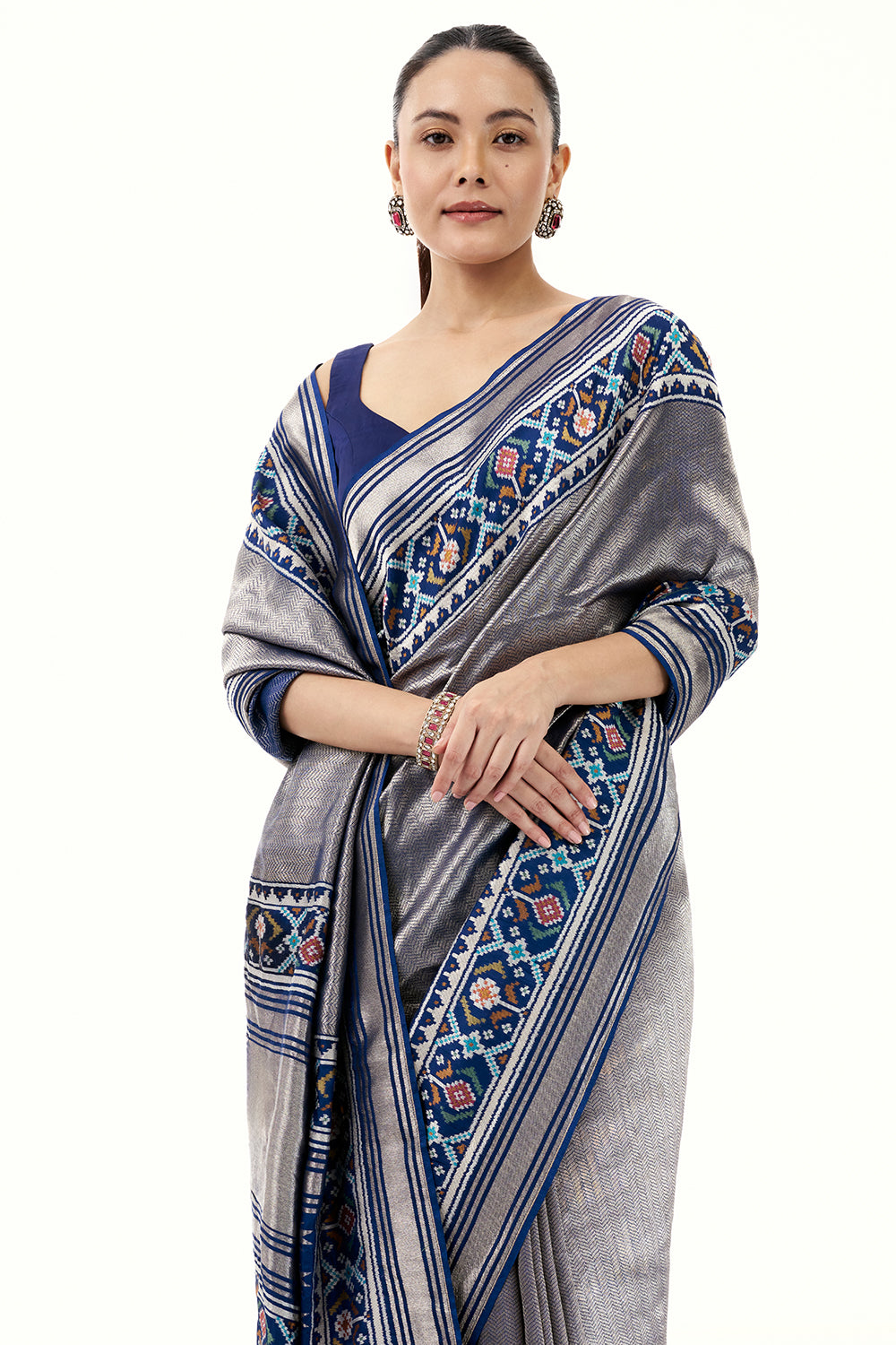 Navy Blue Jacquard Silk Woven Saree with Patola Border