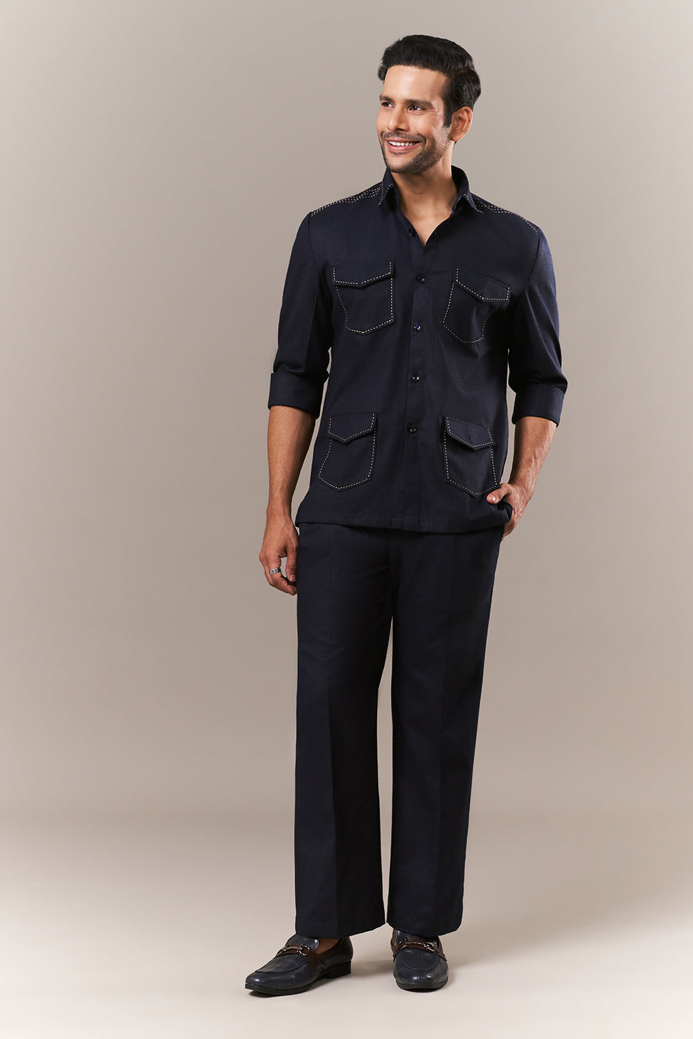 Navy Blue Linen Mens Suit with Thread Work