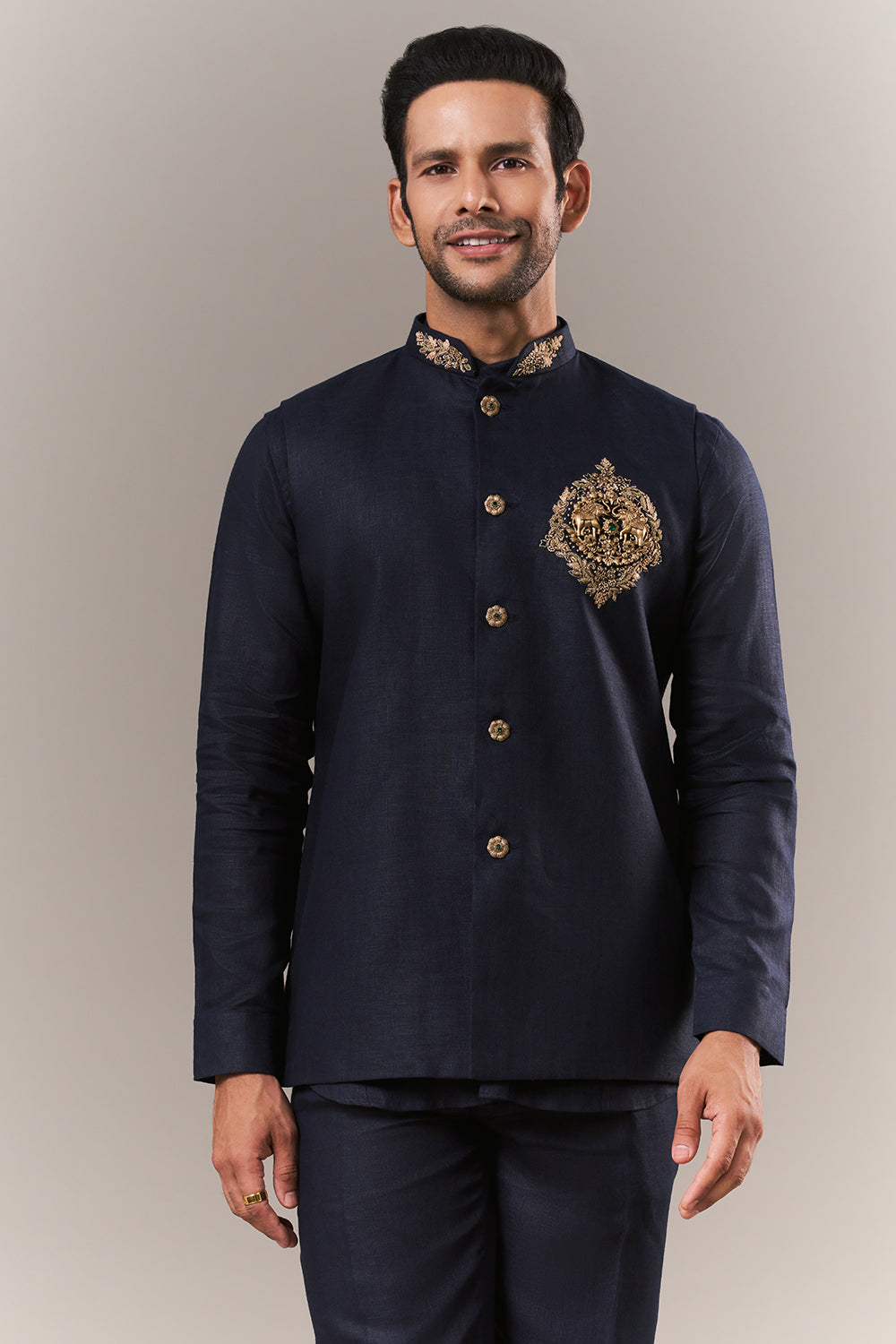 Navy Blue Linen Mens Jodhpuri Set with Zardosi Embroidery