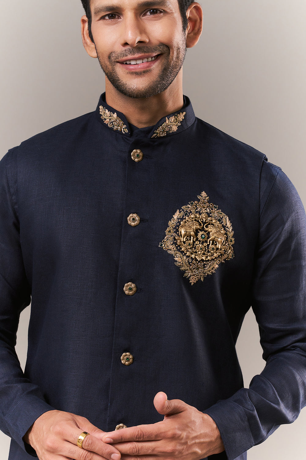 Navy Blue Linen Mens Jodhpuri Set with Zardosi Embroidery