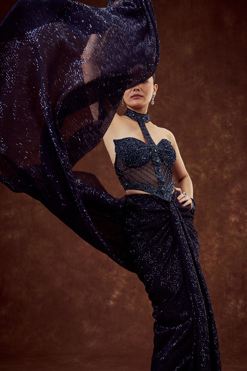 Navy Blue Net Embellished Corset Blouse with Draped Dhoti Skirt