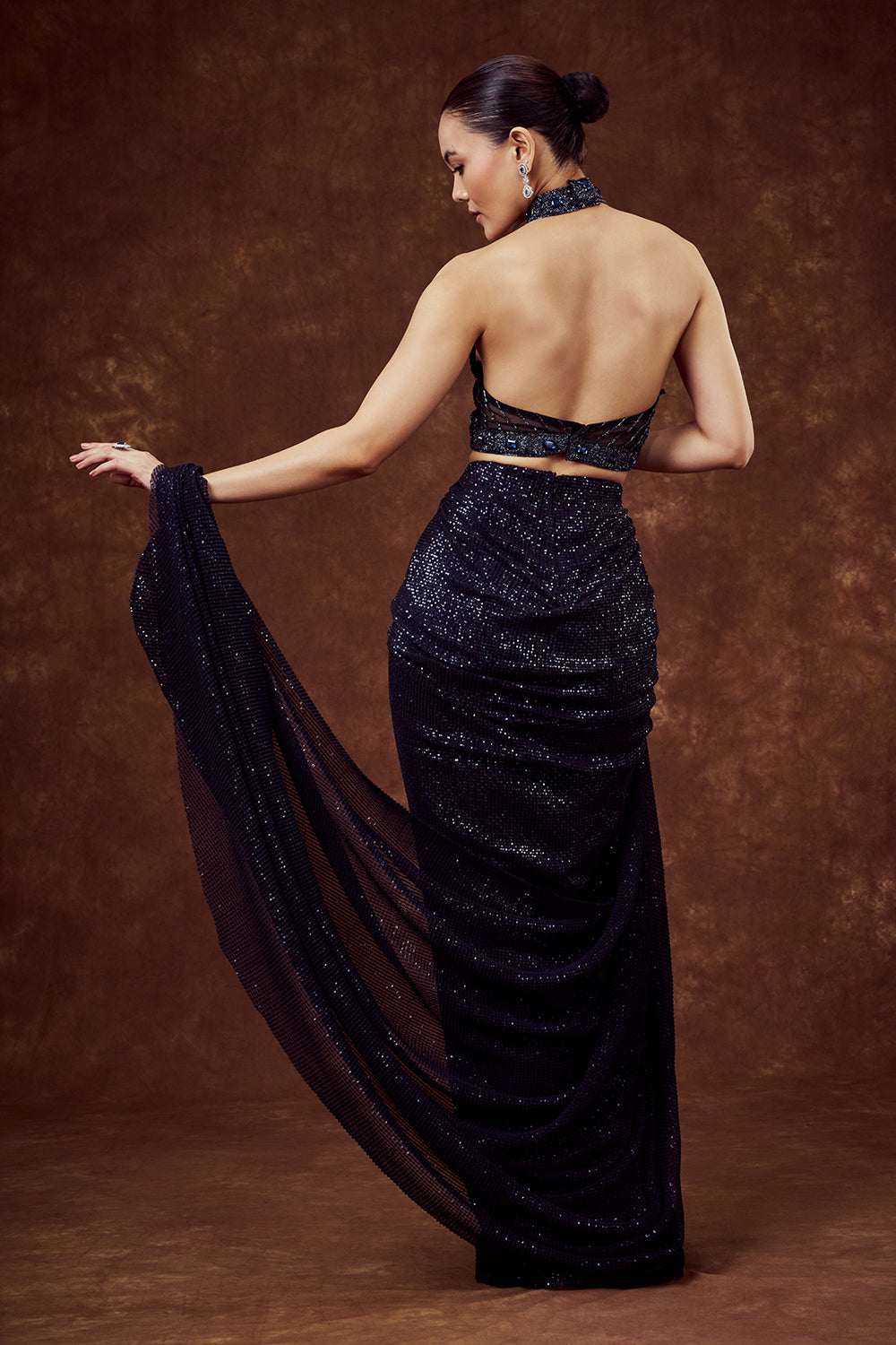 Navy Blue Net Embellished Corset Blouse with Draped Dhoti Skirt