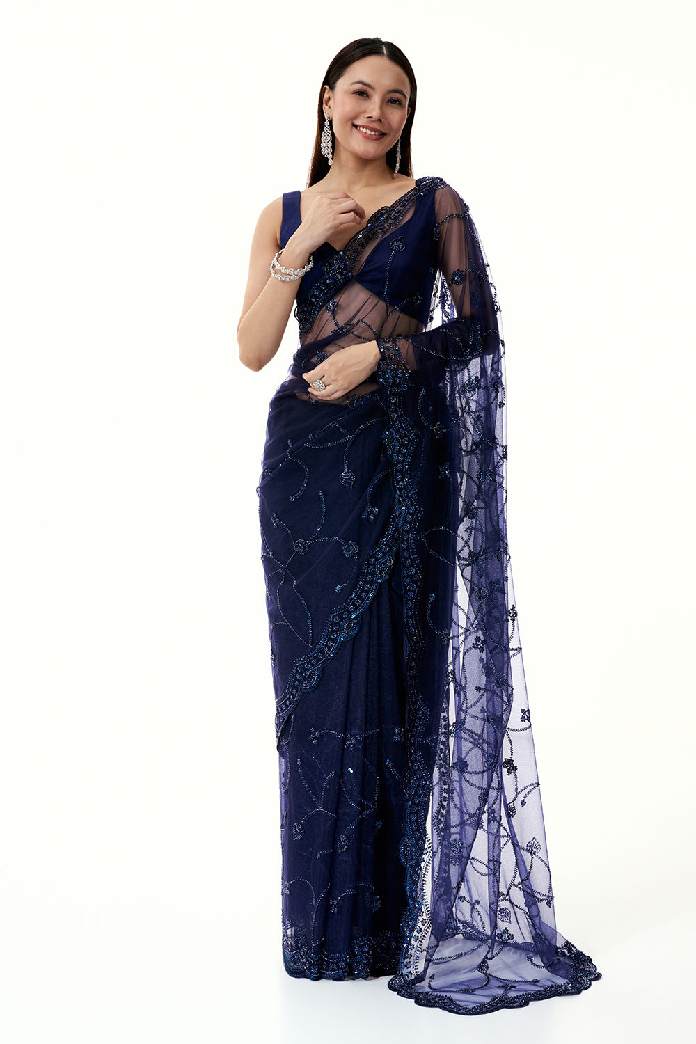 Navy Blue Net Saree with Sequin and Bead Work