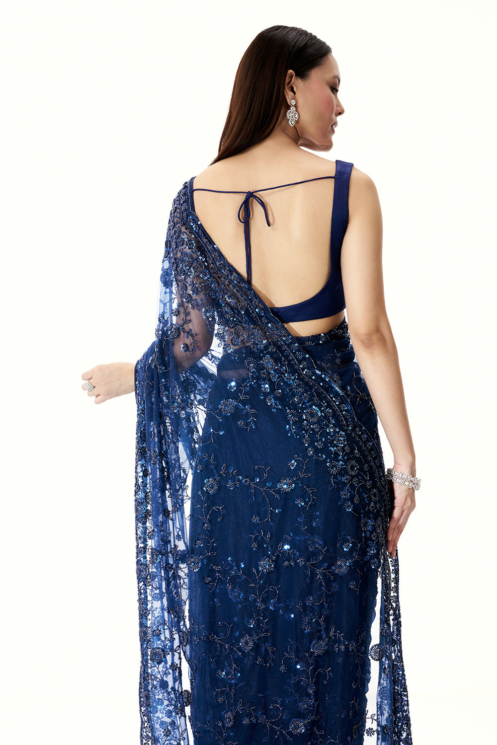 Navy Blue Net Saree with Sequin Work