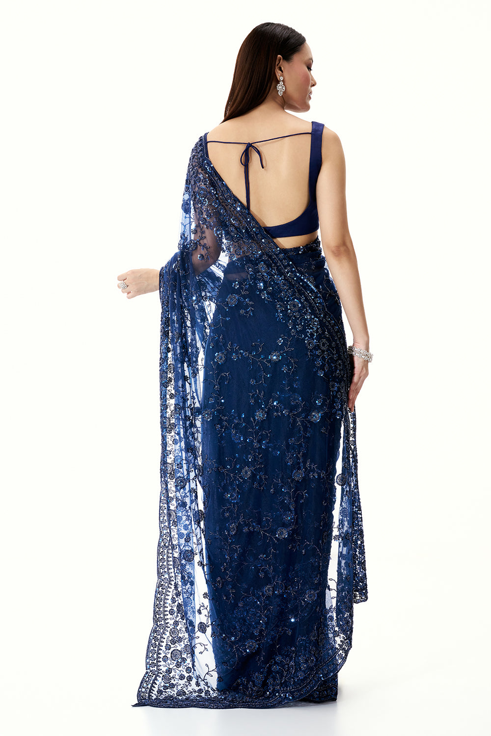 Navy Blue Net Saree with Sequin Work