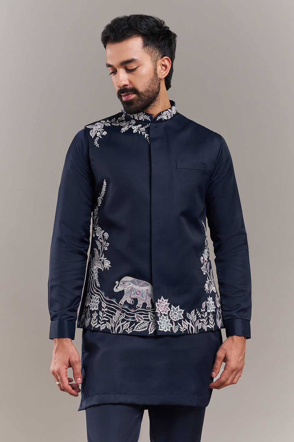 Navy Blue Nokia Silk Floral Border Men's Kurta with Jacket