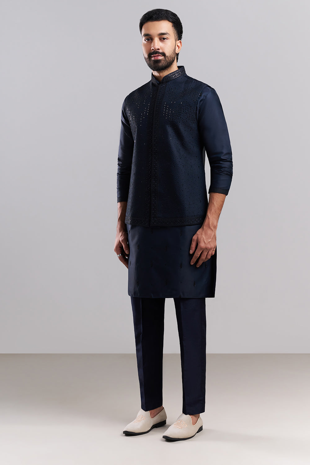 Navy Blue Nokia Silk Men's Kurta Set with Sequin-Detailed Jacket