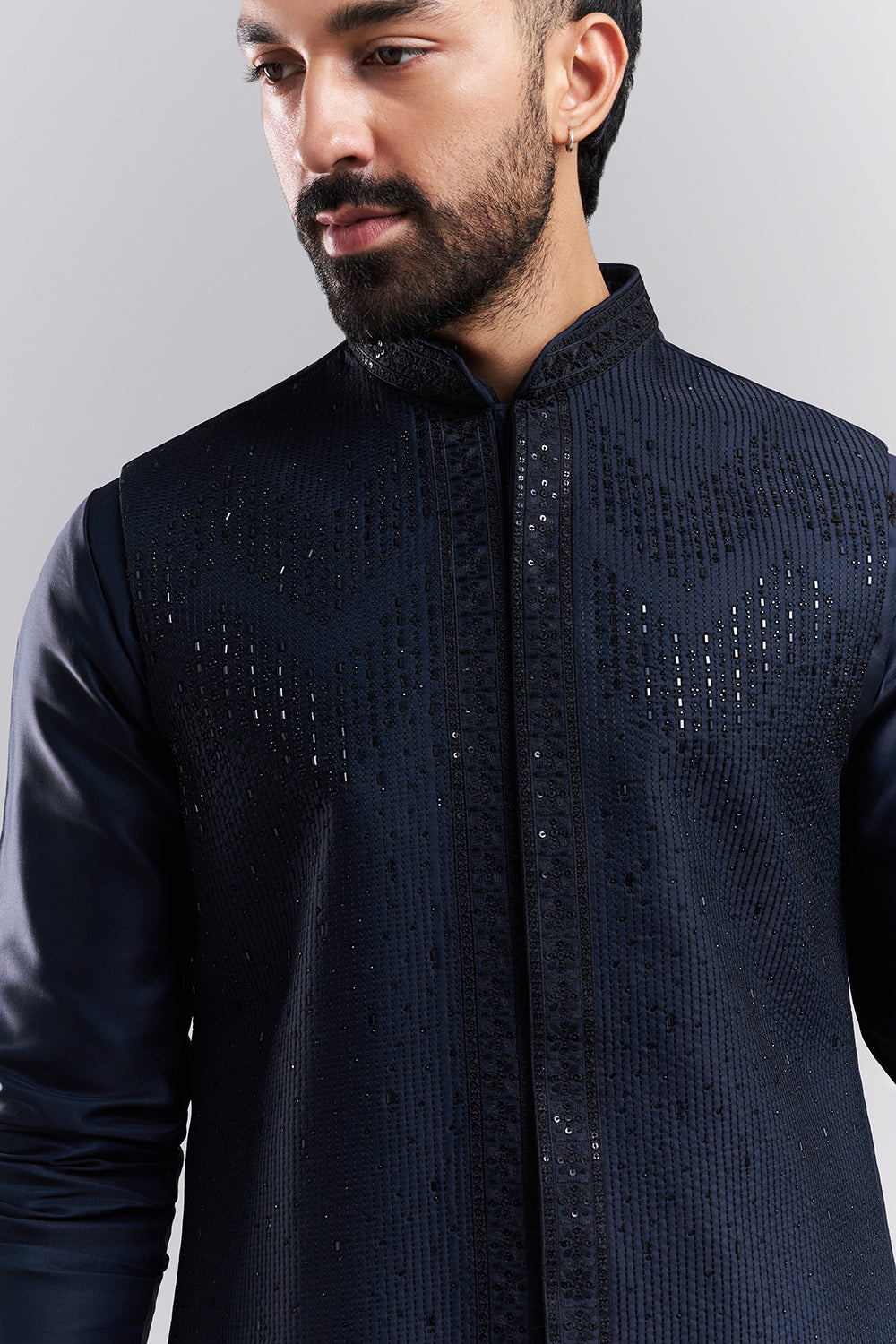 Navy Blue Nokia Silk Men's Kurta Set with Sequin-Detailed Jacket