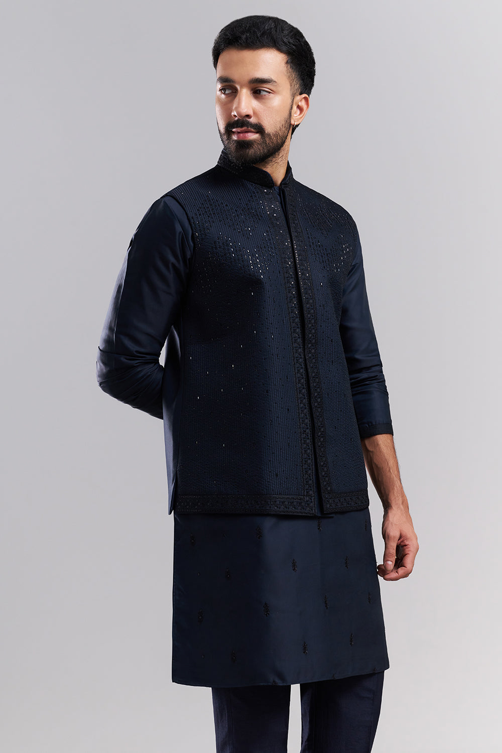 Navy Blue Nokia Silk Men's Kurta Set with Sequin-Detailed Jacket
